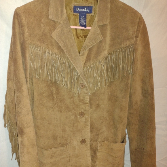 SOLD women's denim and co 100% leather shell fringe tan jacket button up small - Picture 2 of 11